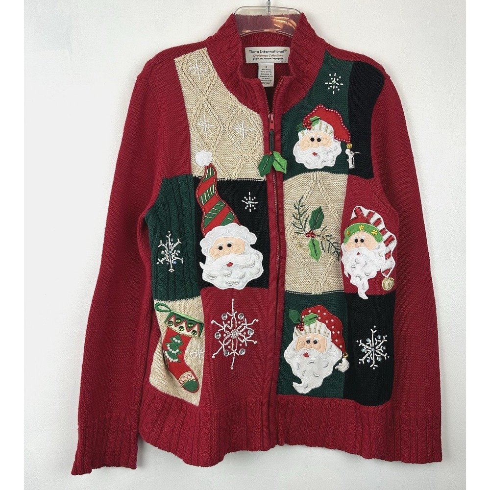 Vintage Tiara International Sweater Women Small Cardigan Christmas Knit Red Zip